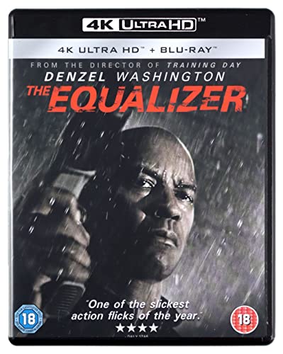 Blu-ray cover for "The Equalizer" featuring Denzel Washington in a dark scene.