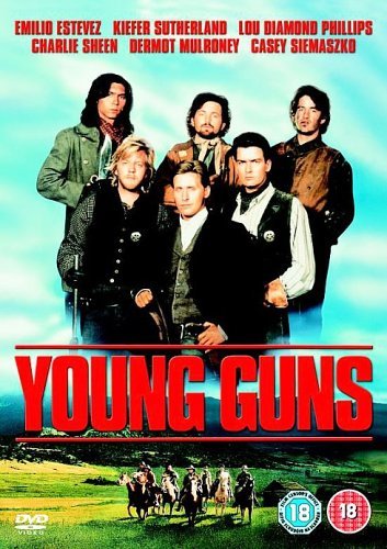 Young Guns" DVD cover featuring six actors in Western attire, horseback riders below.