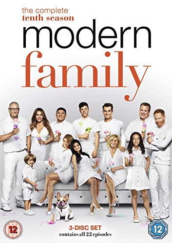 Modern Family" Season 10 DVD cover featuring the cast in white clothing.