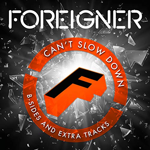 Foreigner album cover: orange circle with a white "F" on a shattered glass background.