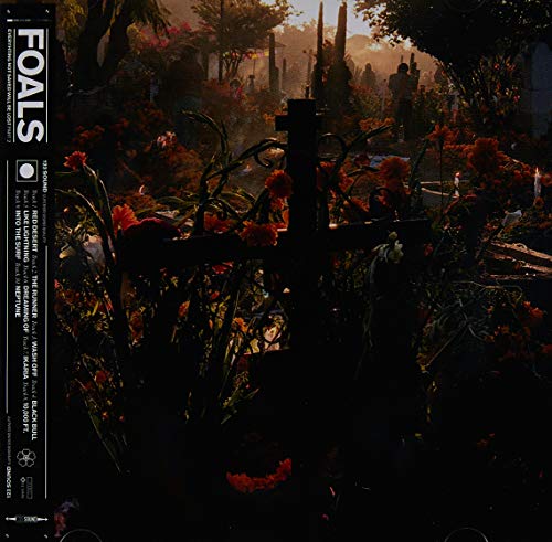 Foals album cover: a dark, overgrown garden with a prominent black cross.