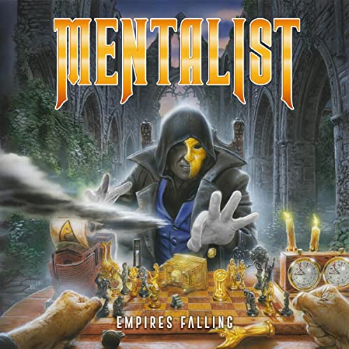 Album cover for Mentalist’s “Empires Falling” featuring a hooded figure and chess pieces.