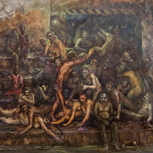 Painting of nude figures in a crowded, dimly lit, classical scene.