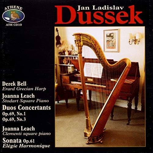 CD cover featuring a gilded harp and a dark square piano in a room.