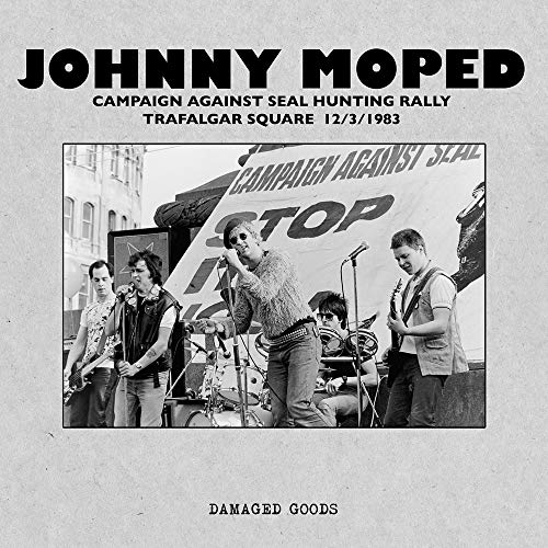 Black and white album cover of Johnny Moped performing live in 1983.
