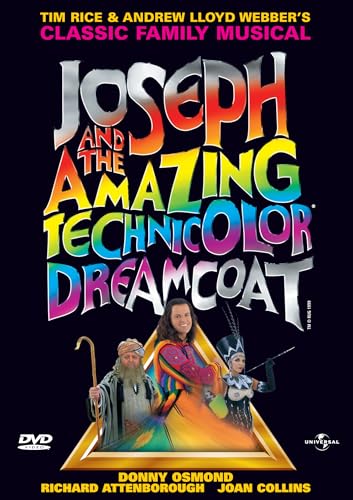 Joseph and the Amazing Technicolor Dreamcoat" DVD cover with actors and colorful text.