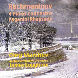 CD cover for Rachmaninoff’s piano concertos with a winter landscape.