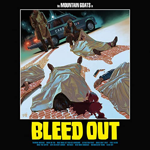 CD cover for "Bleed Out" depicts figures near police cars and bodies.