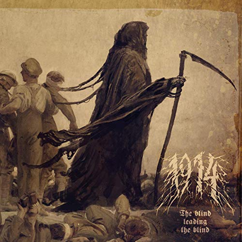 A grim reaper figure leads a line of blindfolded soldiers across a battlefield.
