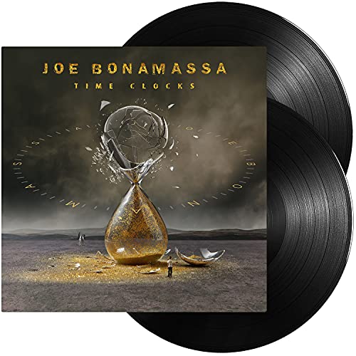 Joe Bonamassa Time Clocks vinyl album cover featuring a shattered hourglass and two records.