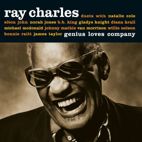 Ray Charles in sunglasses smiling, album cover for "Genius Loves Company.