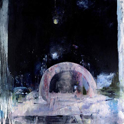 Dark, abstract painting of an archway with a distant light source.