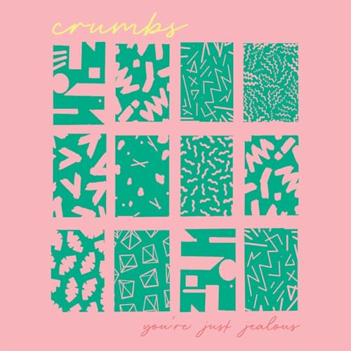 Pink album cover with green abstract geometric patterns and text.