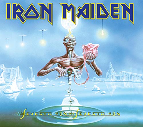 Iron Maiden album cover: skeletal figure with a crystal ball, blue landscape.