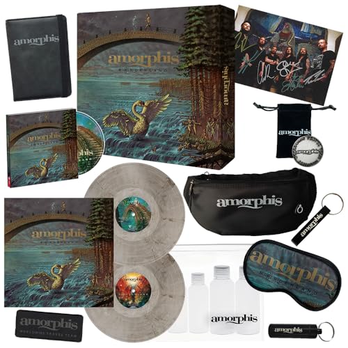 Amorphis "Borderland" vinyl bundle with records, signed photo, and accessories.