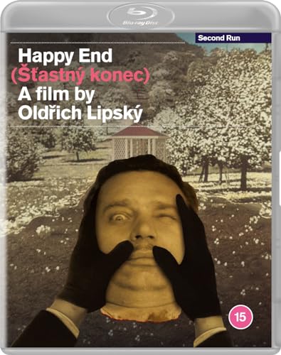Blu-ray cover for Happy End showing a man's disembodied head held by gloved hands.