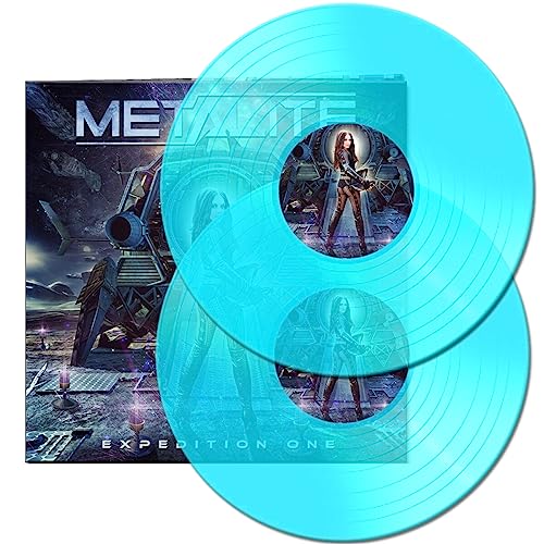 Two clear blue vinyl records with album artwork depicting a futuristic scene.