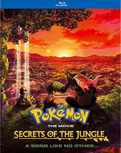 Pokemon movie cover featuring Ash, a jungle, and a waterfall at sunset.