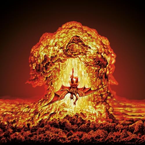 Fiery album cover featuring a winged figure before a volcanic eruption.