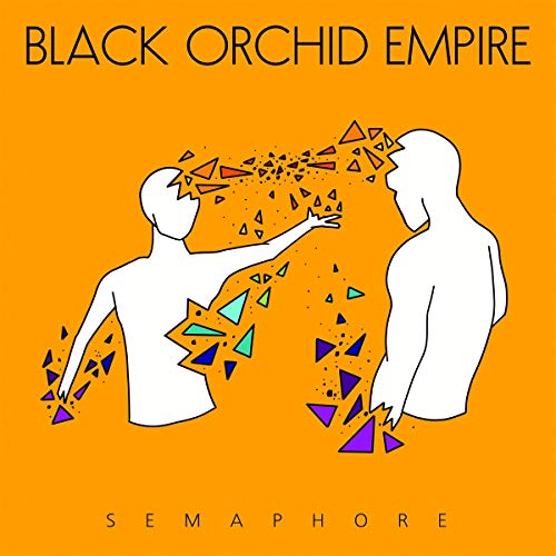 Orange album cover with white silhouettes and fragmented geometric shapes.