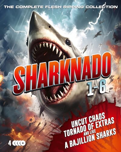 Sharknado Blu-ray cover featuring a shark mouth amidst a stormy, chaotic scene.