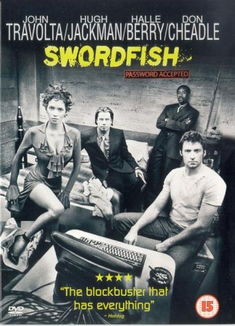 DVD cover for "Swordfish" featuring John Travolta, Halle Berry, and Hugh Jackman.