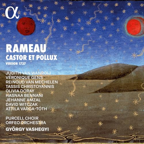 CD cover for Rameau’s *Castor et Pollux* with a red sun and blue sky.