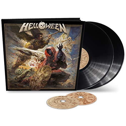 Helloween album cover with two vinyl records and circular inserts.
