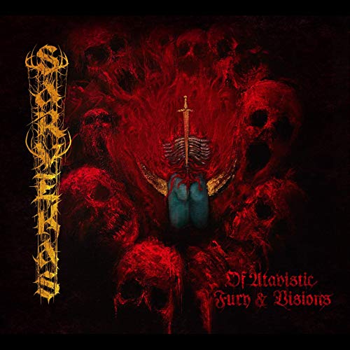 Dark album cover with skulls, red flames, and a central sword image.