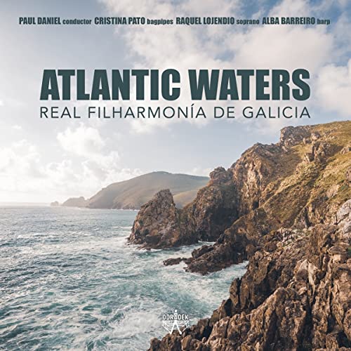 CD cover for "Atlantic Waters" by Real Filharmonia De Galicia, coastal scene.