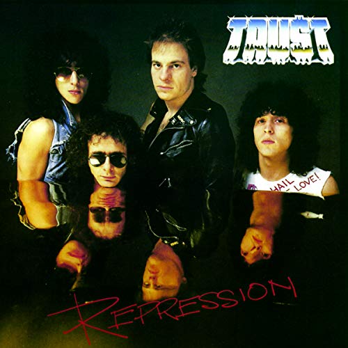 1980s band Trust album cover, "Repression," featuring four members in dark clothing.