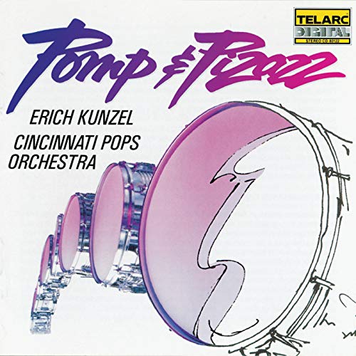 CD cover for "Pomp & Pizazz" featuring drums and purple script.