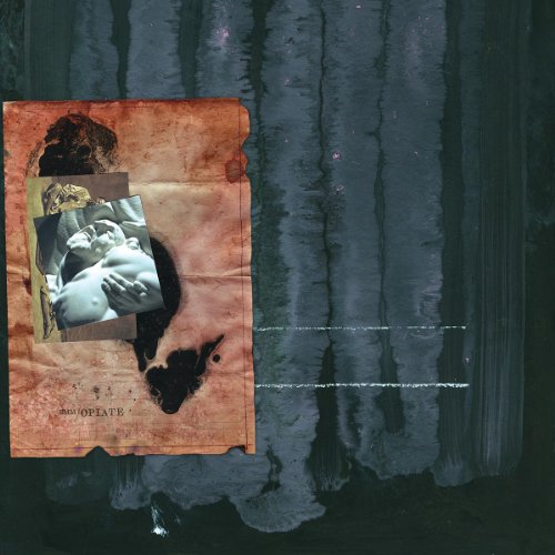 Album cover with collage of nude figure, textured paper, and dark curtains.