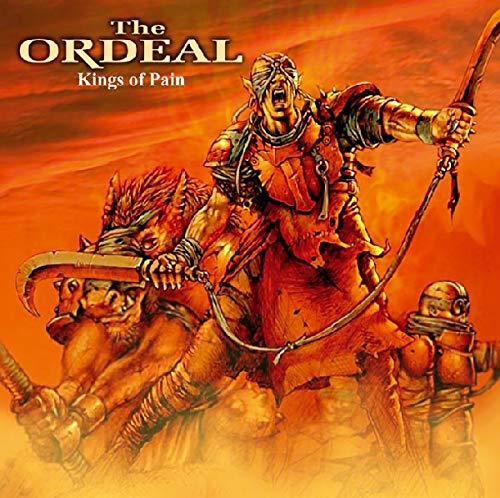 Fantasy album cover depicting armored figures in a fiery, orange landscape.