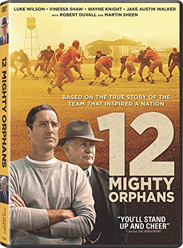 DVD cover for "12 Mighty Orphans" featuring football players and coaches.