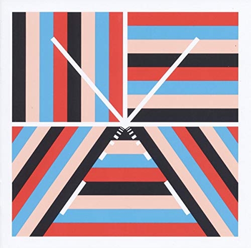 Abstract geometric album cover with red, blue, black and cream stripes.