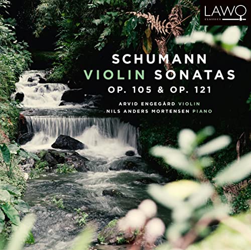 CD cover with a waterfall scene and text: Schumann Violin Sonatas.
