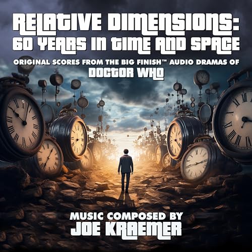 CD cover: Man amidst a landscape filled with large clocks.