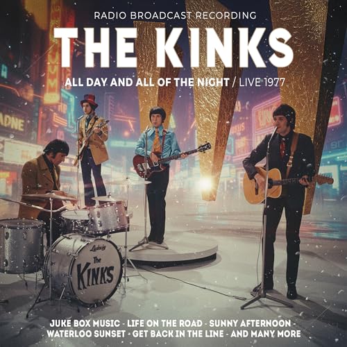 The Kinks band members performing on stage with instruments, CD cover art.