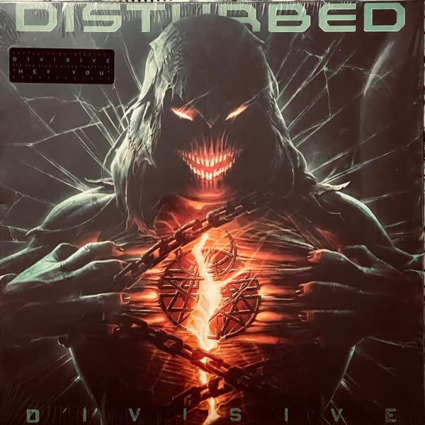 Disturbed’s “Divisive” vinyl album cover featuring a menacing, distorted face.