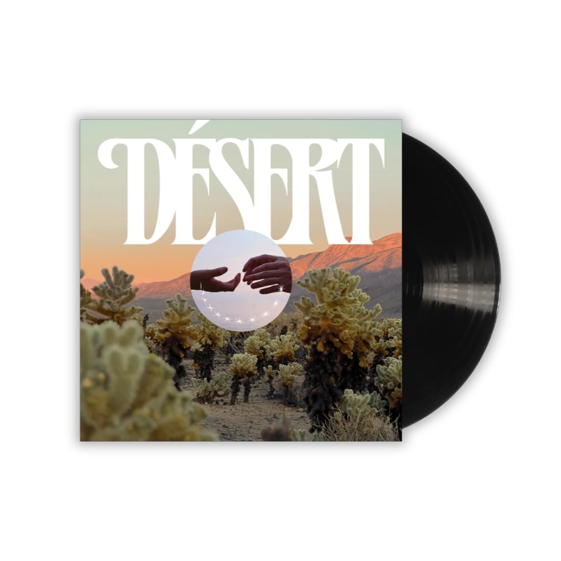 Vinyl record with desert landscape album art featuring hands reaching.