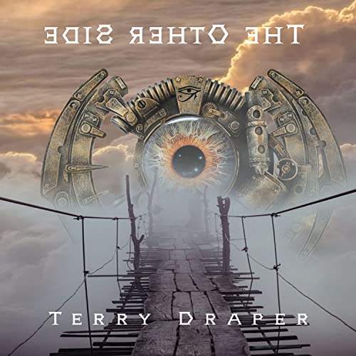 CD cover: eye within mechanical wings over a wooden bridge scene.