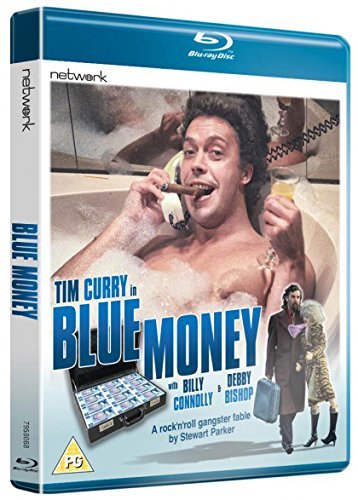 Blu-ray cover for "Blue Money" featuring Tim Curry in a bathtub.