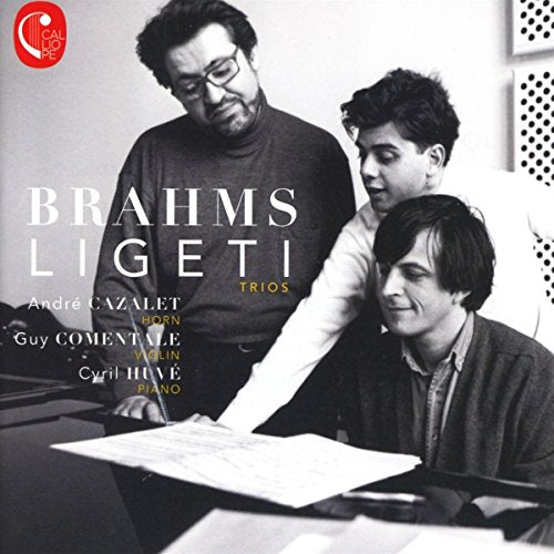 CD cover featuring three musicians and sheet music, titled "Brahms Ligeti Trios.