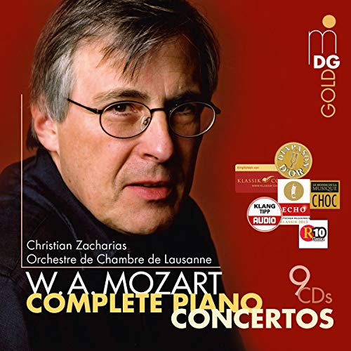 CD cover featuring pianist Christian Zacharias and text "Mozart Complete Piano Concertos".