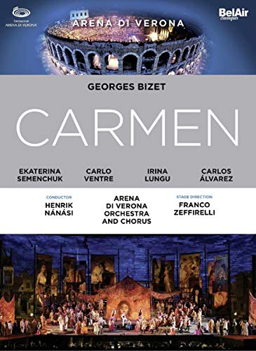 DVD cover for "Carmen" opera, featuring the Arena di Verona and cast names.