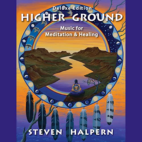 CD cover for "Higher Ground" music, featuring mountains, feathers, and a figure.