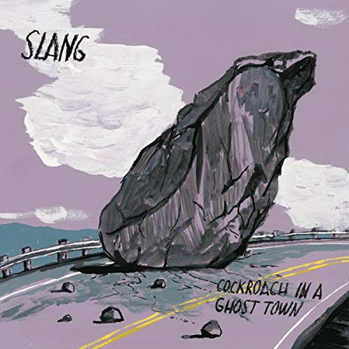 Album cover: large dark rock on a highway under cloudy sky.