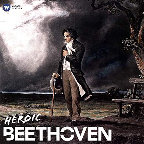 Portrait of Ludwig van Beethoven in a dark, stormy landscape.