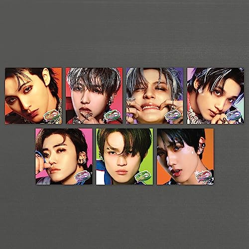 Seven portraits of young men, members of NCT DREAM, against colorful backgrounds.